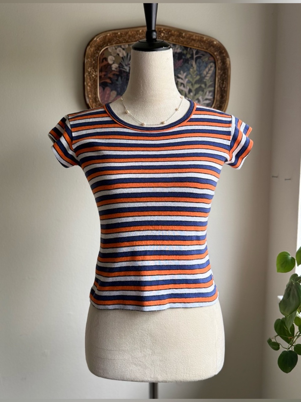 Vintage 1970s/1980s orange, white, blue stripped fitted baby tee